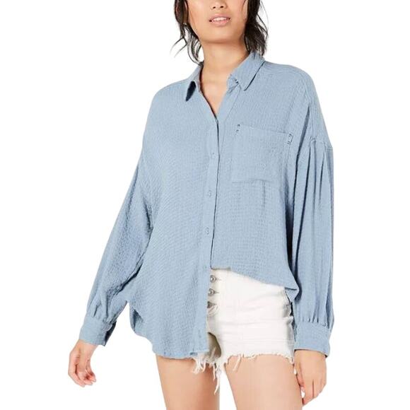 FREE‎ PEOPLE $98 Solid Hidden Valley Long Sleeve Button Down in Blue Small - Picture 1 of 5